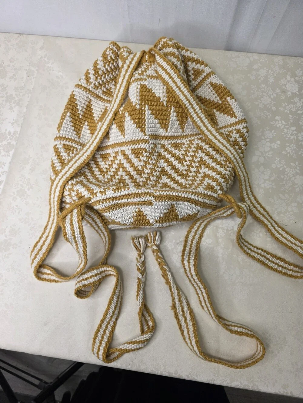 Unique Batik Guatemala Crocheted Drawstring Backpack Mustard Yellow Boho Bucket